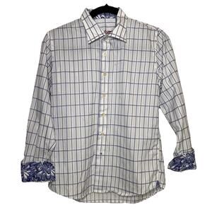 Robert Graham Shirt Boys Size L 14-17 White Blue Geometric Flip Cuff Button Down